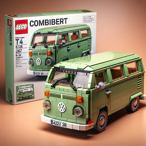 DALL·E 2023-12-28 11.55.41 - Update the LEGO building set box art to display a completely sage green 1976 Volkswagen T2B van. Ensure that both the van on the box and the completed